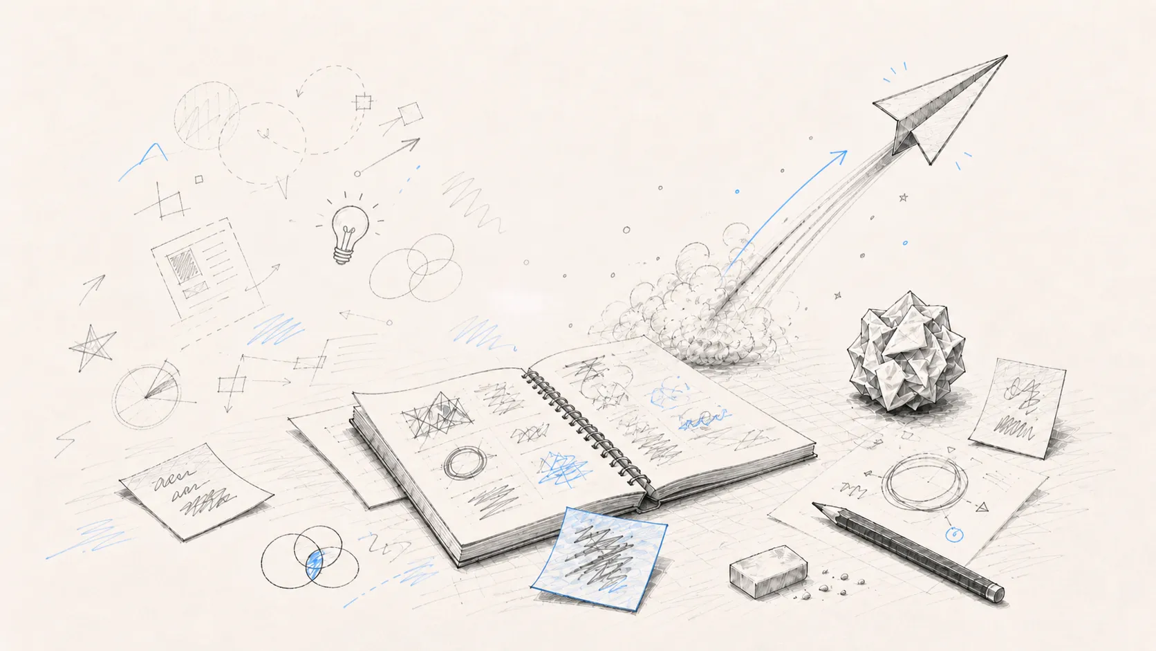 Pencil-sketch style blog cover on a cream paper background. A paper airplane launches from an open sketchbook filled with rough scribbles, diagrams, loose notes, a pencil, eraser, and crumpled paper, with subtle blue accent marks suggesting creative momentum.