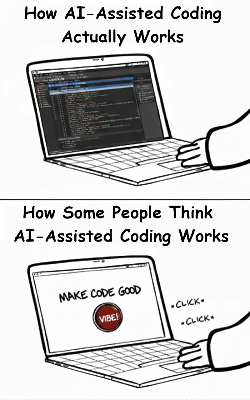 Two-panel cartoon about AI-assisted coding. Top panel: caption 'How AI-Assisted Coding Actually Works' above a laptop screen filled with a normal code editor and lots of code, a hand on the keyboard. Bottom panel: caption 'How Some People Think AI-Assisted Coding Works' above a laptop showing only a big red button labeled 'MAKE CODE GOOD – VIBE!' with a hand repeatedly clicking it.